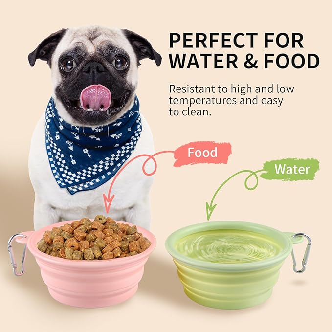 Collapsible Dog Bowls 2-Pack, Portable Travel Dog Bowl with Carabiner, Food-Grade Silicone Pet Bowl