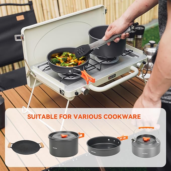 ONLYFIRE OUTDOOR LIVING Portable Camping stove 2-Burner, Propane Gas Stove with Foldable Legs, Camp