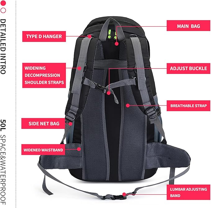 Bseash 50L Hiking Backpack, Water Resistant Lightweight Outdoor Sport Daypack Travel Bag for