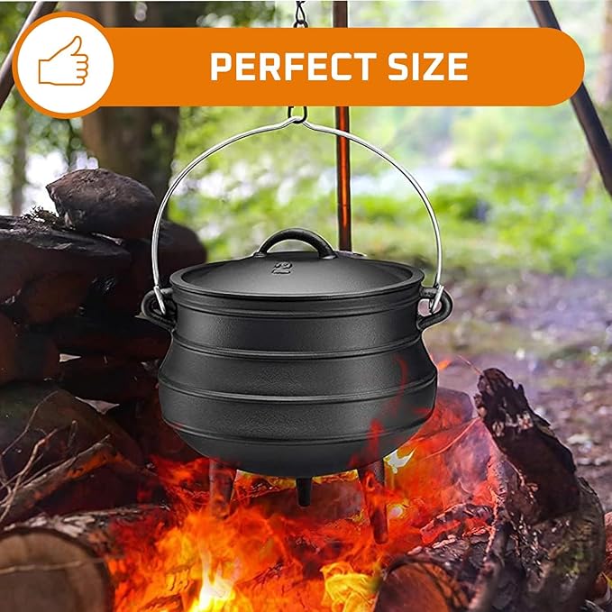 Bruntmor 12 Quart Cast Iron Dutch Oven Cauldron Pot - Camping Cookware with Lid - Pre-Seasoned