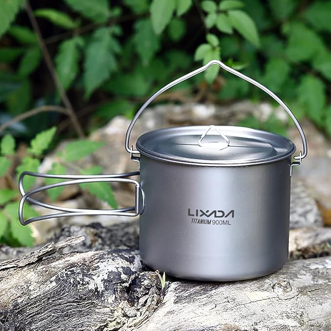 Titanium Pot, 750ml/900ml/1100ml Ultralight Titanium Pot Water Mug Cup with Lid and Foldable Handle