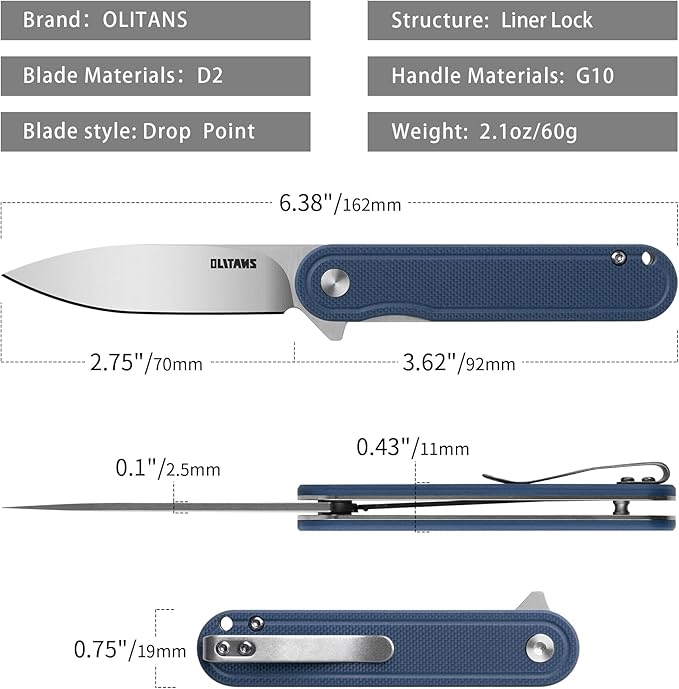 G040 Pocket Knife, 2.75'' D2 Steel Blade G10 handle, Small EDC Knife with Pocket Clip for Men