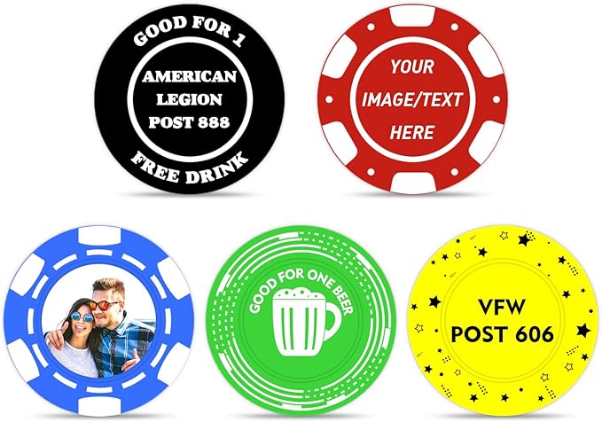 100-1000 Custom Plastic Bar Tokens Poker Chips, Personalized Your Logo or Text, Both Sided Full