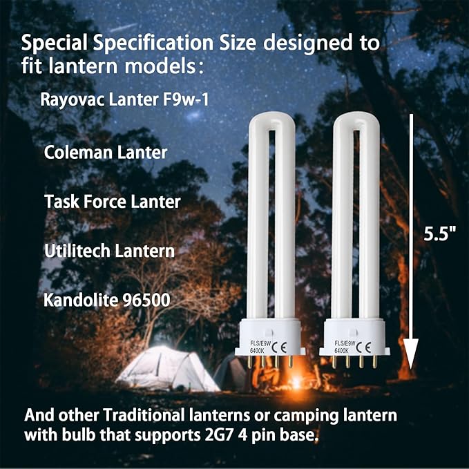 FLS/E9W 6400K 2G7 Base Camping Lantern Bulb, Replacement for Rayovac F9w-1, Kandolite 96500
