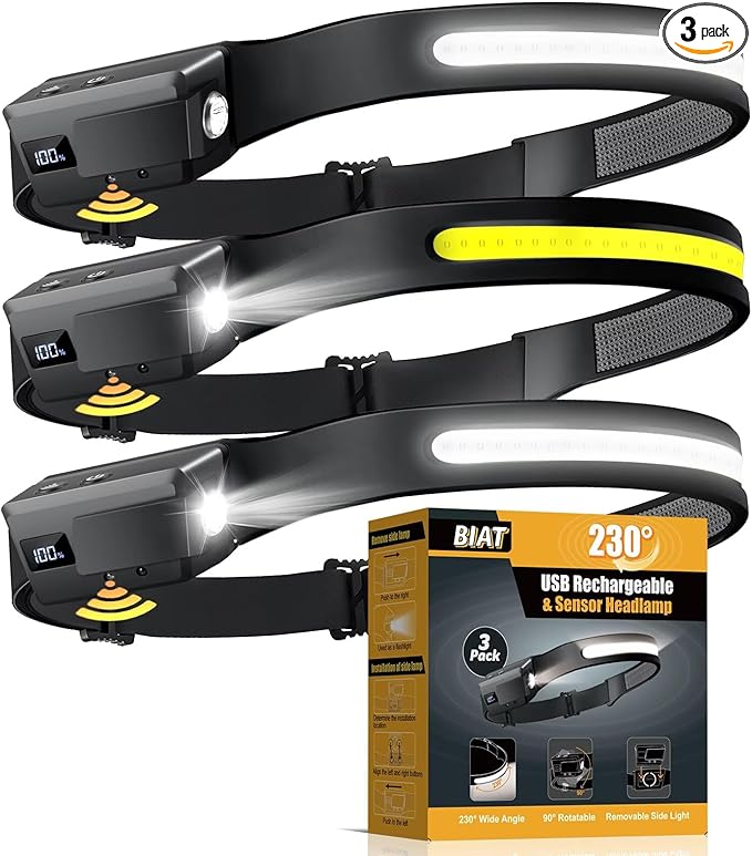 BIAT LED Headlamp Rechargeable 3PCS, 230° Wide Beam Headlight with Motion Sensor, 90° Rotation and
