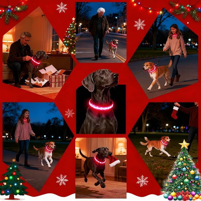 DOGWONG LED Dog Collar - Christmas Red Plaid Heavy Duty Light up Dog Collars - Rechargeable