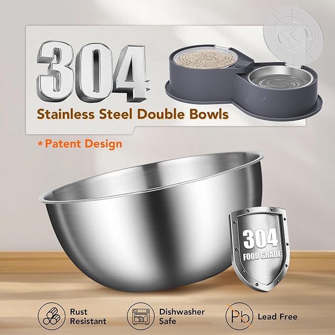 Stainless Steel Dog Bowl Set with Lids, 304 Metal Dual Food & Water Bowls for Dogs & Cats, Foldable