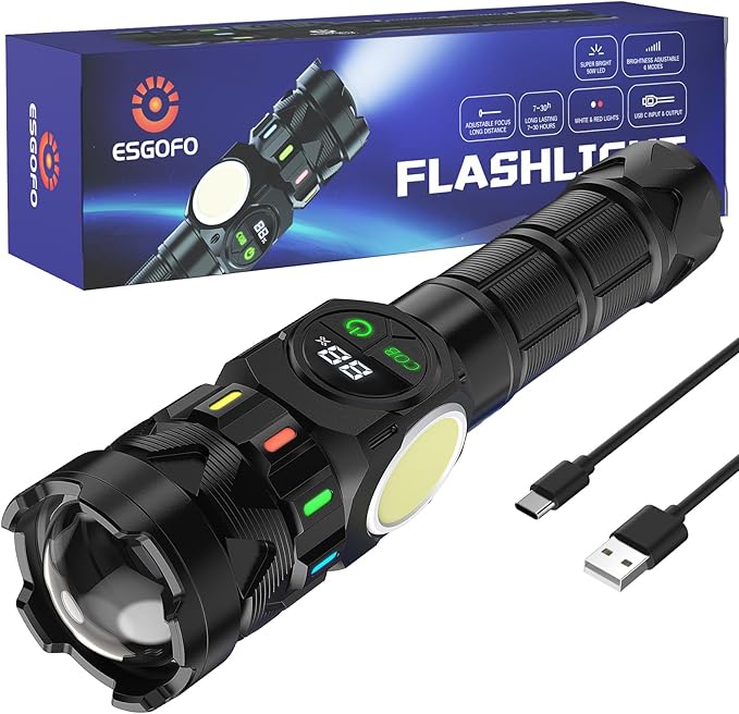 ESGOFO Rechargeable Flashlights High Lumens 10000 Long Distance, Super Bright LED Flash Light Long