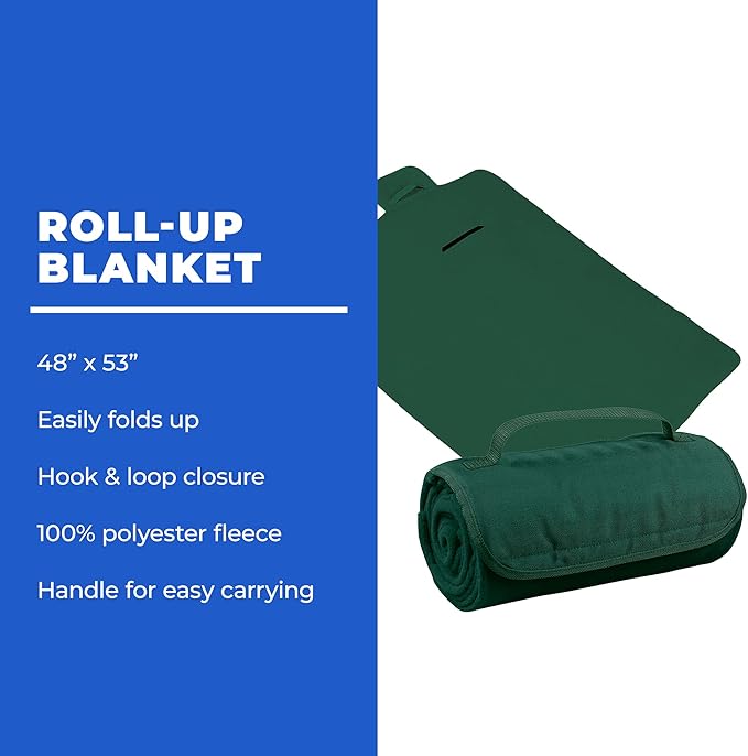 25 Ct of Roll-Up Blankets for Camping, Travel, Outdoors, Beach, Picnics – Hunter Green – Hook +