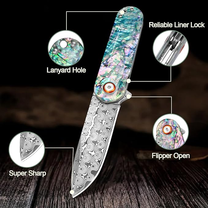 Damascus Pocket Knife with Sheath 2.95" Damascus Steel Blade Folding Knife with Abalone Shell