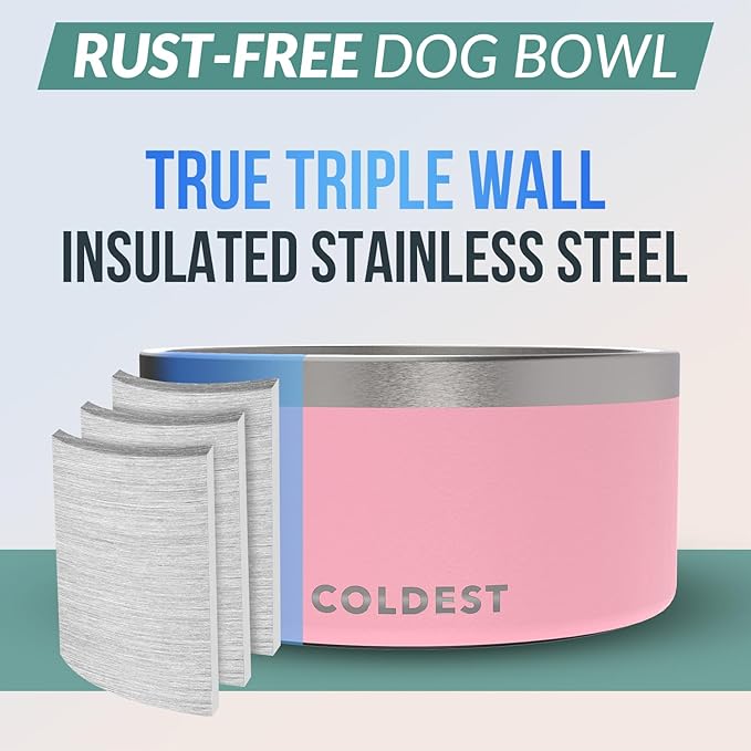 Coldest Dog Bowl - Anti Rust Metal, Non Slip, 3 Layers Insulated Stainless Steel Dog Bowls - Spill