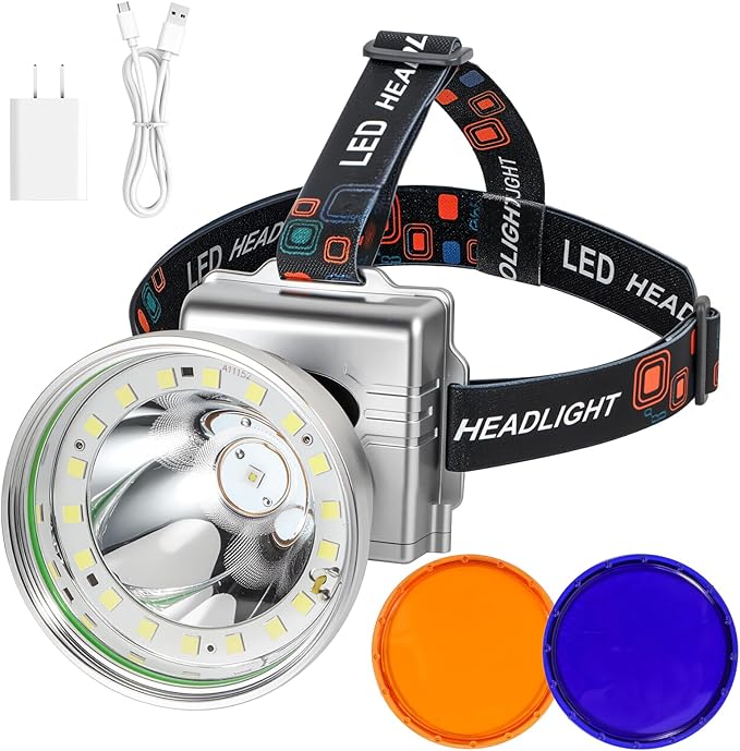 Rechargeable LED Headlamp with Flood and Spot Beam, Power Display, 5 Lighting Modes, Yellow/Blue