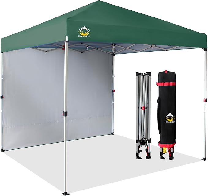 CROWN SHADES 8x8 Pop up Canopy Instant Canopy with 1 Removable Sidewall,4 Ropes & 8 Stakes, STO'N