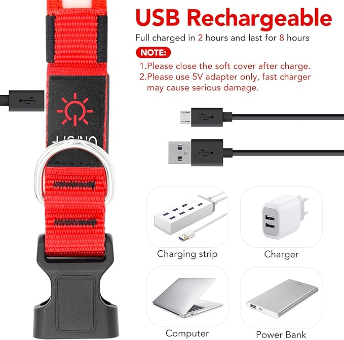 Vizpet LED Dog Collar, Light Up Dog Collar Adjustable USB Rechargeable Super Bright Safety Light