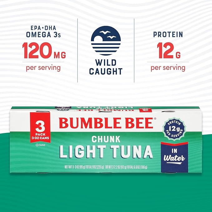 Bumble Bee Chunk Light Tuna In Water, 3 oz Cans (Pack of 3) - Wild Caught Skipjack Tuna - 12g