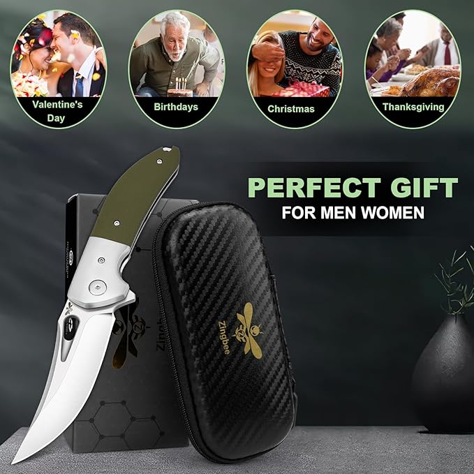 Pocket Knife with Clip, 3.7" 14C28N Blade EDC Folding Knife with Green G10 Handle, Outdoor Camping