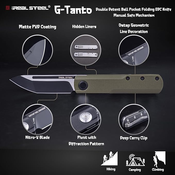 REALSTEEL G-Tanto Pocket Knife,Folding Knives,2.6" Nitro-V Blade,Double Detent Ball Slipjoint