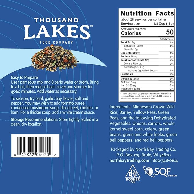 Thousand Lakes Minnesota Wild Rice Soup Mix with Vegetables - 1 pound | Fat Free | 20+ Servings |