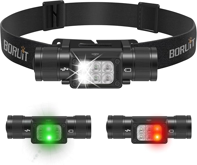 BORUIT HP360 LED Rechargeable Headlamp with White Green Red Light,Super Bright Head Lamp