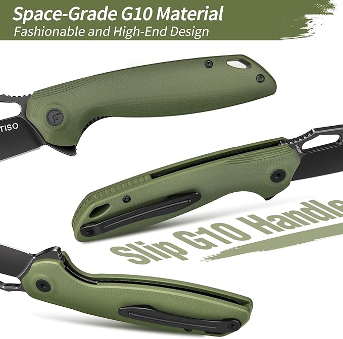 FINTISO Pocket Knife 3.38" Folding Knife Premium 14C28N Blade with G10 Handle, Camping Survival