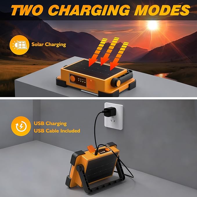 120W Solar Rechargeable Work Light, 144 LED 10000LM Led Work Light with 4 Modes, Portable Flood