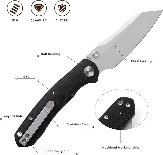 Folding Pocket Knife, 3.35" 14C28N Blade G10 Handle EDC Knife with Liner Lock, Small Pocket Knife