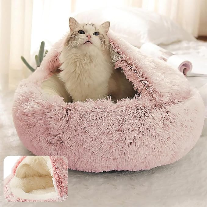 ShinHye Cozy Cat Bed - Round Plush Fluffy Hooded Cave, Indoor/Outdoor, Waterproof & Washable