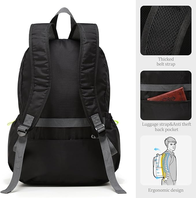 Lightweight Packable Travel Backpack, 30L Black Daypack Hiking Backpack for Women Men, Waterproof