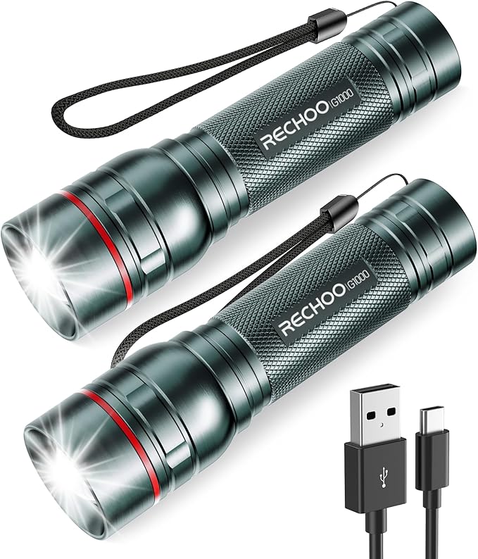Rechargeable Flashlights High Lumens, G1000 Super Bright Flash Light 2 Pack, Small Zoomable LED