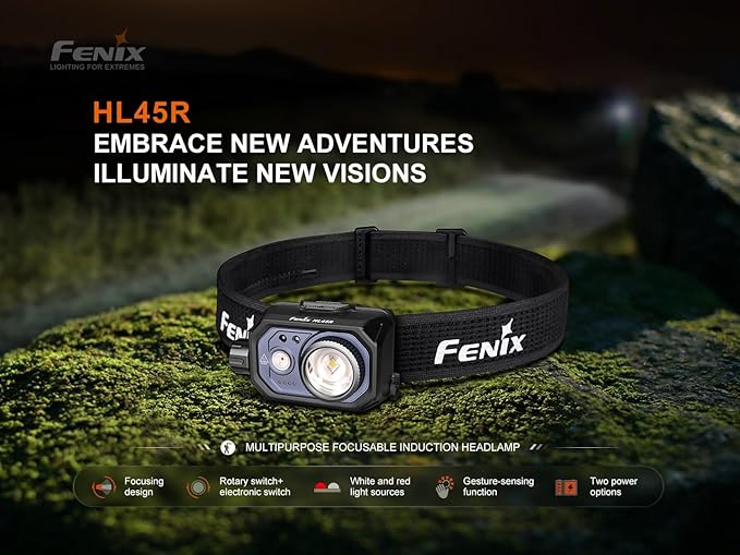 Fenix HL45R 1000 Lumen Adjustable Beam Headlamp, Rechargeable, AAA Dual Fuel, Gesture Sensing