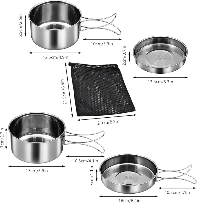18/8 Stainless Steel Camping Cook Pot Set of 4 pcs, Camping Messware Kit, Camping Cooking Set