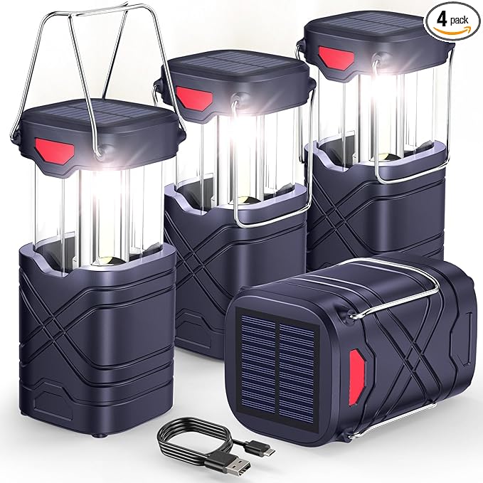 LETMY 4 Pack Camping Lantern, Rechargeable LED Lanterns, Solar Lantern Battery Powered Hurricane