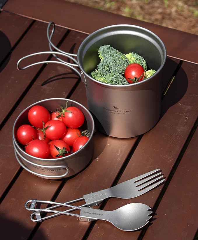 iBasingo Backpacking Cookset Titanium Camping Pots Set Ultralight Outdoor Picnic Pots Pans with