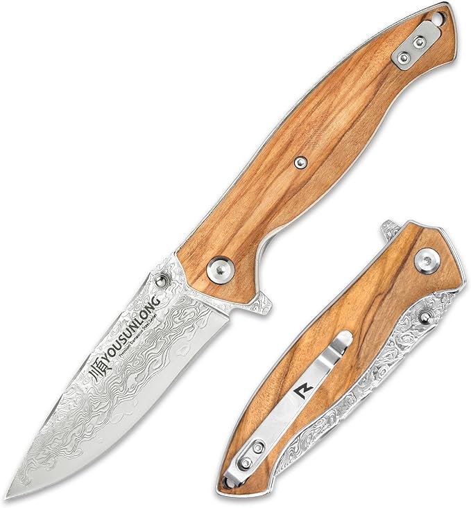 YOUSUNLONG Pocket Folding Knife - Japanese Damascus Steel Blade Overall 191mm Camping Knife