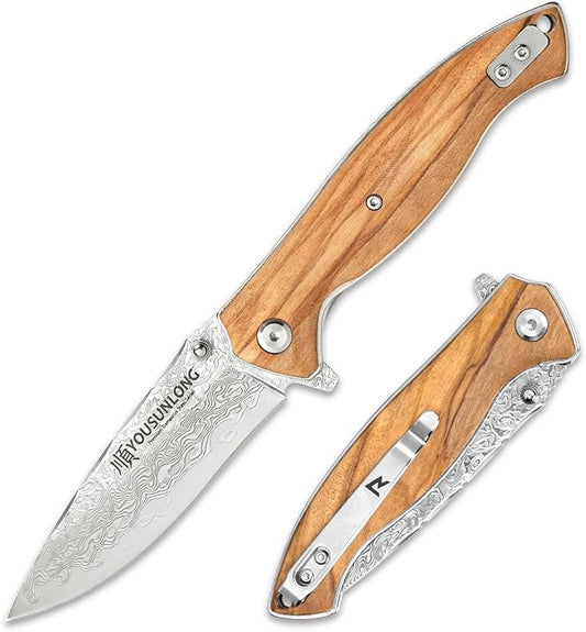 YOUSUNLONG Pocket Folding Knife - Japanese Damascus Steel Blade Overall 191mm Camping Knife
