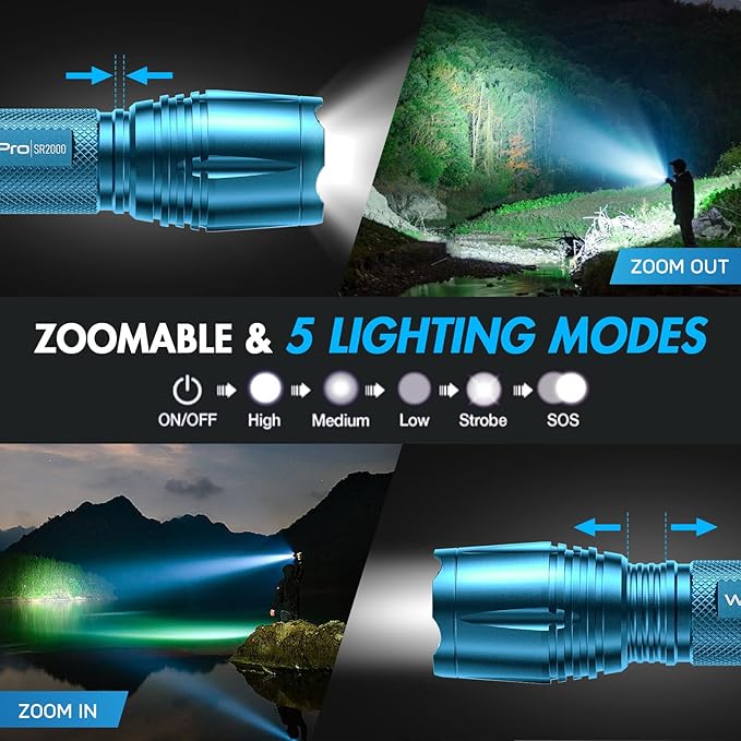 WdtPro LED Flashlight High Lumens SR2000 Pro, 4 Pack Brighter Tactical Flashlights with 5 Modes &