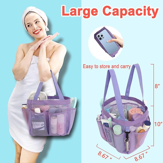 Mesh Shower Caddy Portable for College Dorm Room Essentials, 8-Pocket Large Shower Basket Tote Bag