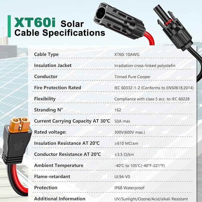 Oududianzi 10AWG XT60i Solar Cable 15FT, Solar to XT60i Charging Cable 3 10 20 25 30 40 50FT, Solar