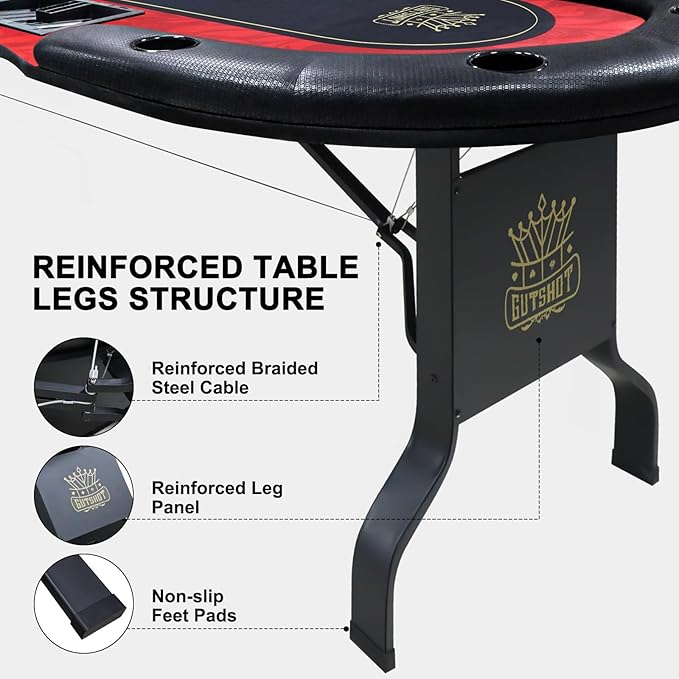 GUTSHOT Foldable Poker Table for 10 Players with 10 Chairs and Poker Chips Set - Premium