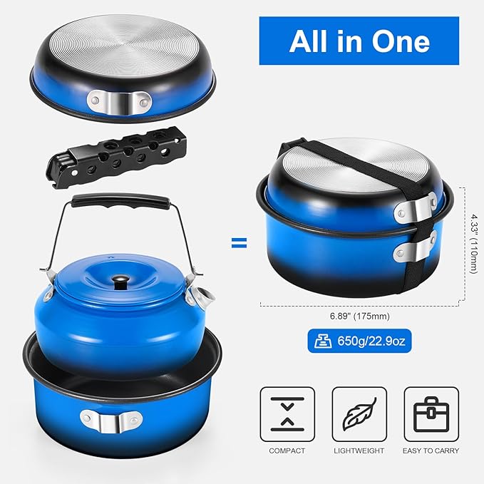 Odoland 5pcs Camping Cookware Non-Stick Camping Pot and Pan Set with Kettle and Removable Handle