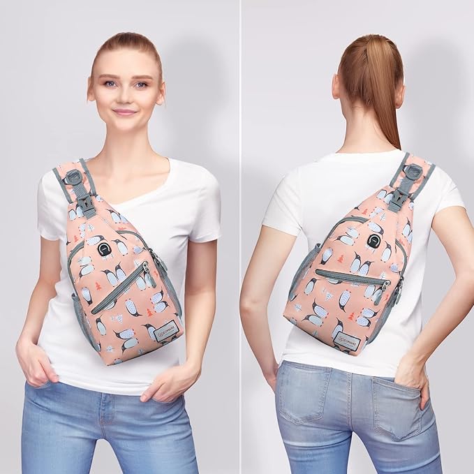 ZOMAKE Sling Bag, Penguin Pink, Nylon, 5 Separate Compartments, 10" iPad Compartment, Anti-Theft