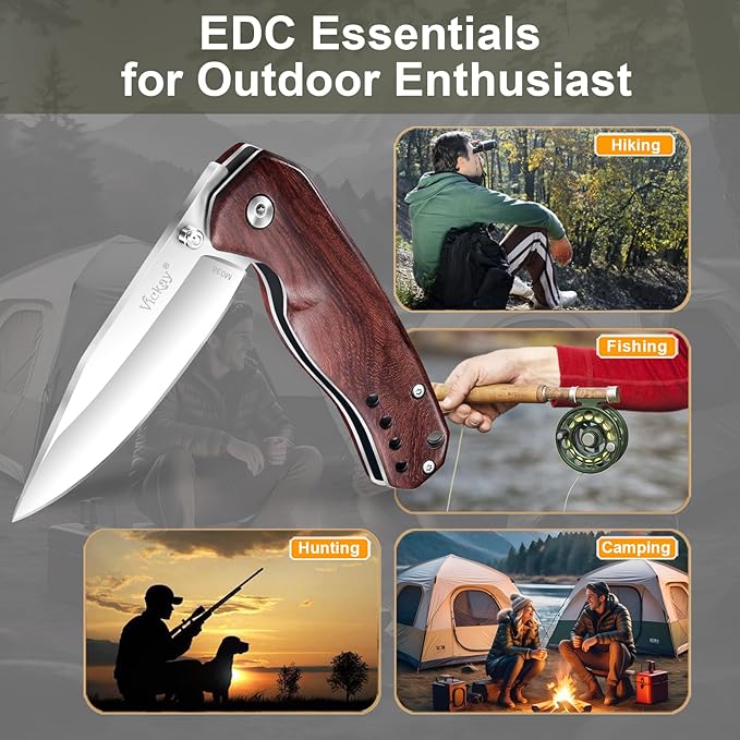 Vickay Pocket Knife for Men, Folding Knife for Women with Clip, 2.9inch 8Cr13MoV Steel Blade, Wood
