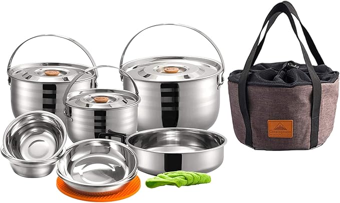 CAMPINGMOON Camping Cookware Set Stainless Steel Outdoor Nesting Cooking Mess Kit Pots Pans Bowls