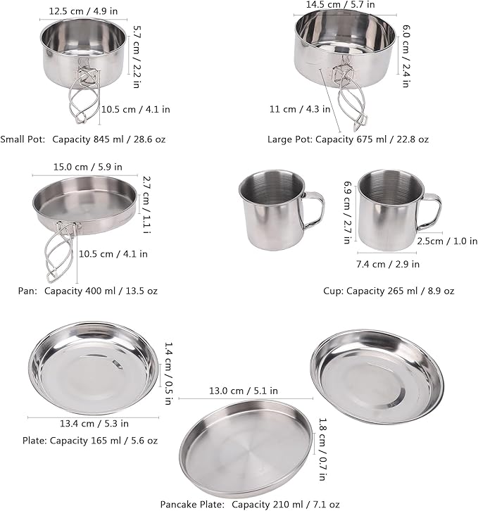 8PCS Stainless Steel Camping Cooking Set Cookware Mess Kit Cook Pots and Pan Set with Plates Cups