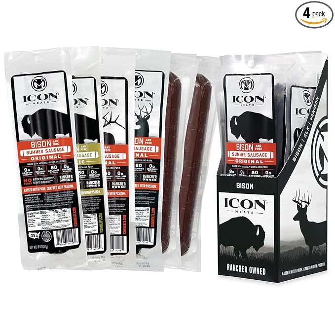 ICON Meats Summer Sausage Sampler Pack - Assorted Flavors of Bison, Elk, Venison, and Pork - 4 Pack
