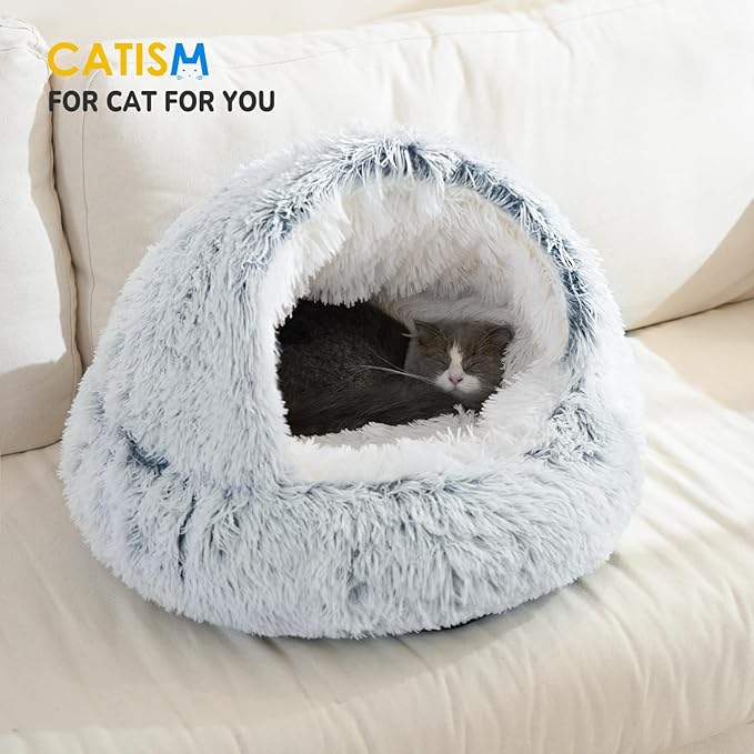 CATISM Cozy Plush Hooded Cat Bed, Indoor/Outdoor, Self-Warming Cave, Removable Washable Non-Slip