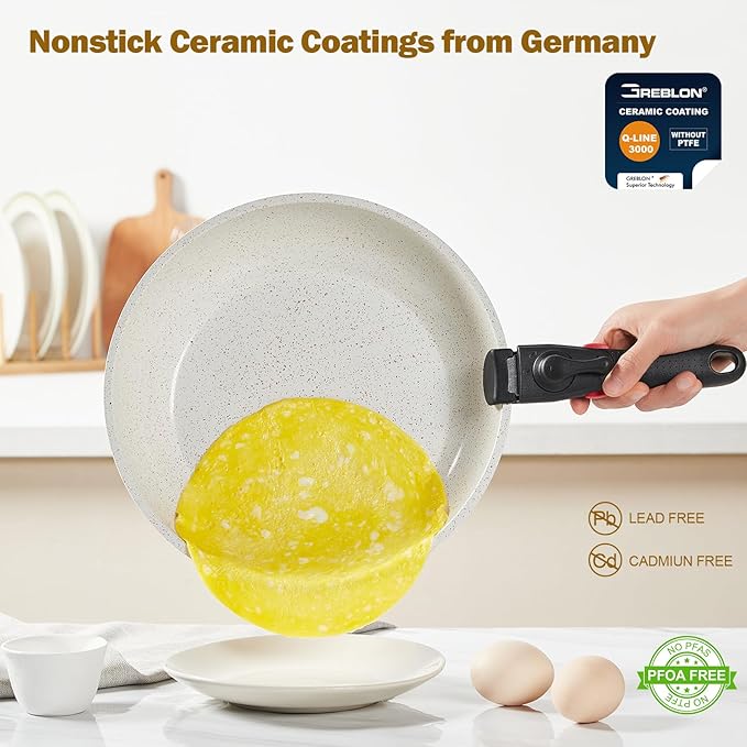 ROSSETTO 17pcs Pots and Pans Set Non Stick from France, Ceramic Cookware Set with Removable Handle