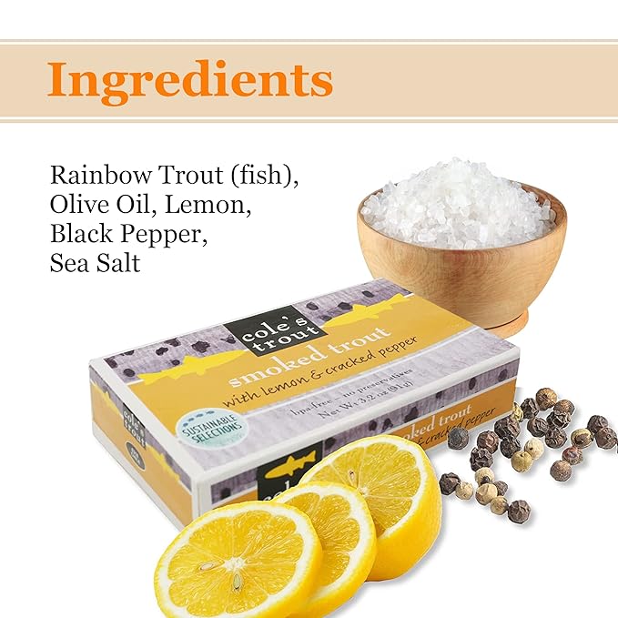 COLE?™S - Smoked Trout Fillet with Lemon & Cracked Pepper | 3.2oz Hand-Packed Canned Fish | High in