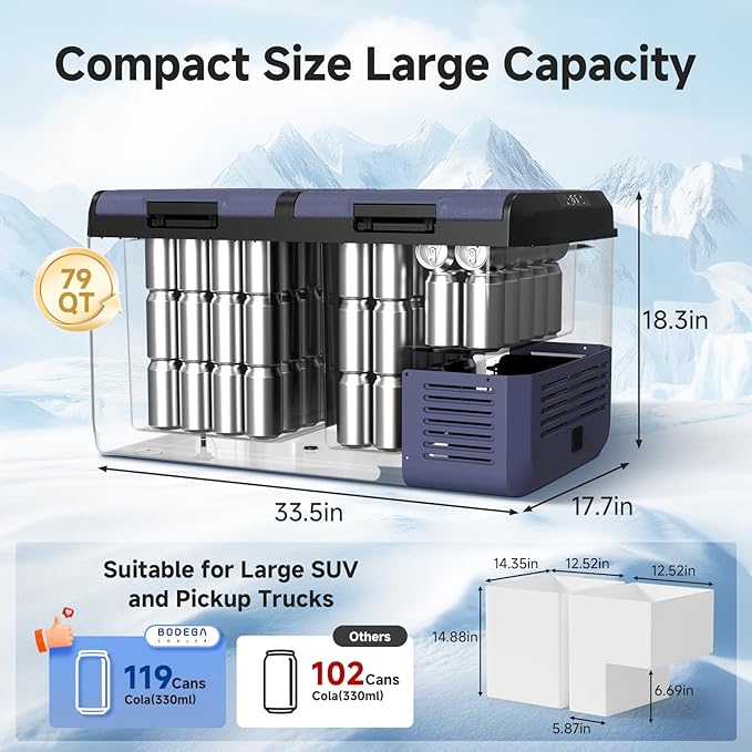 BODEGACOOLER 12 Volt Car Refrigerator, 79QT(75L) IPX4 Waterproof Electric Cooler, RV Car Fridge