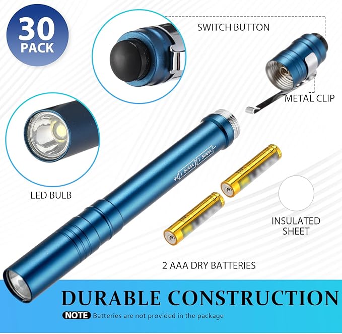 30 Pack Mini Pen Flashlights Bulk LED Pen Lights Aluminum Pocket Flashlights with Clips Small